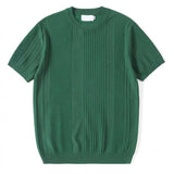Riolio  Knitted Short-sleeved T-shirt Men's Solid Color Stripe Summer Casual Half-sleeved Round Neck Heavyweight Bottoming Shirt