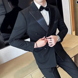 Riolio  Men's Wedding Suit Tuxedo Double Breasted Three Piece Set Fashionable Korean Style Shawl Collar Cotton Blend Fabric