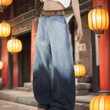 Riolio  American retro gradient high street splashed ink personality loose curved knife hip-hop jeans men and women trendy casual pants