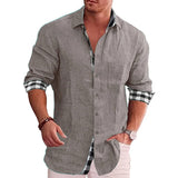 Riolio Men's Cotton Linen Shirts Loose Casual Blouse Grid Long Sleeve Tee Shirt Autumn Plus Size Cardigan Fashion Handsome Men T Shirt