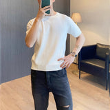 Riolio  Knitted Short-sleeved T-shirt Men's Solid Color Stripe Summer Casual Half-sleeved Round Neck Heavyweight Bottoming Shirt
