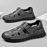 Riolio  Summer Men Genuine Leather Outdoors Sandals Casual Leather Hollow Soft Bottom Breathable Soft Sole Shoes Classic Fashion Sandals