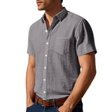 Riolio Summer New Solid Color Linen Men's Shirt Turn-down Collar Short Sleeve Men's Loose Casual Pocket Outdoor Vacation Shirt