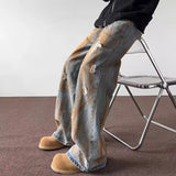 Riolio Tie Dye Ripped Jeans Men's Straight Leg Trendy Brand Retro and Cool Casual Hip-hop High Street Pants