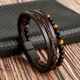 Riolio Hot Fashion Beads Leather Bracelet Men Classic Tiger Eye Beaded Multi Layer Leather Bracelet For Men Jewelry Gift