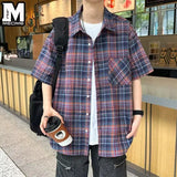 Riolio Checkered shirt men's summer casual loose jacket American trend thin style couple daily versatile retro plaid short sleeve shirt