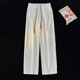 Riolio Ice Silk Casual Pants Men Thin Sport Straight Sweatpants Linen White Loose Fold Ankle-length Walking Trousers Male
