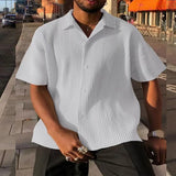 Riolio  New Men Shirts Short Sleeve Turn-down Collar Casual Tops Spring Summer Fashion Solid Rib Loose Shirt For Men Clothing Streetwear