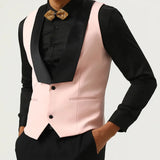 Riolio  Men Vest Pink With Black Lapel Waistcoat For Wedding Birthday Business Banquet Work Set Men Suit Vest
