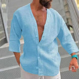 Riolio  Summer Fashion Solid Shirts For Men Top Casual Loose Simple Retro Cardigan Quarter Sleeves Pullover Waffle Shirts Male Clothing