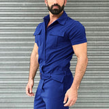 Men's Overalls Casual Streetwear Pocket Solid Color Short Sleeve+Trousers Jumpsuit Fashion Leisure Basic Work Pants