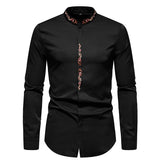 Riolio Stand Collar Men Shirt Black Brand Gold Embroidery Men Long Sleeve Dress Shirts Slim Fit Cotton Male Casual Chemise Homme