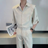 Riolio Summer Ice Silk Men's Suits Casual Short Sleeve Shirt And Pants Two-piece Set Ruffled  Handsome Draped Korean Style Loose Set