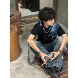 Riolio American summer high street men and women trendy denim patchwork round neck short sleeved couple hip-hop loose casual T-shirt