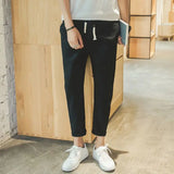 Riolio  Summer New Solid Color Elastic Waist Casual Ankle Length Pants Man Drawstring Pockets Fashion Casual Straight Trousers