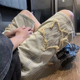 Riolio  Star Patchwork Yellow Clay Color Jeans Summer Men Denim Shorts Trendy Streetwear Five-point Pants Straight Jeans Shorts