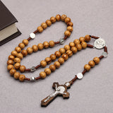 Riolio 10MM Wood Beads Rosary Cross Necklace For Women Men Christian Virgin Mary INRI Pendant Chain Fashion Religion Jewelry
