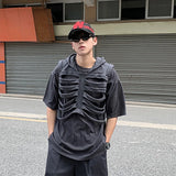 Riolio Skeleton Rib Vest Men's Summer Trendy Design High-end Sleeveless Hooded Vest American High Street Retro Jacket Aesthetic Chic