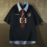 Riolio  American Sle  Tie Fake Two-Piece ort Sve T-irt Women Summer New Loose College Sle f Sve Top Cotton Printed