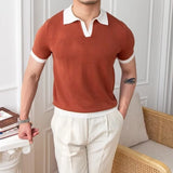 Riolio  Classic Mens Knitted Polo Shirts Slim Fit Short Sleeve Patchwork Polo Neck T Shirt  Summer Casual Breathable Knit Polo Shirt