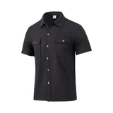 Riolio  Summer European and American cross-border men's waffle short-sleeved casual solid color lapel button-up pocket versatile shirt