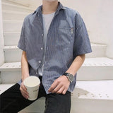 Riolio  Men Summer Short Sleeve Casual Shirt Loose Fit Korean Style Striped Hong Kong Fashion Shirt Jacket for Daily Outdoor Wear