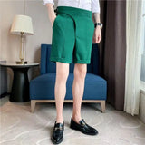 Riolio British Style Casual Suit Shorts Mens Waist Buckle Button Naples Knee Length Pants Summer Thin Fashion Business Slim fit Shorts