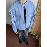 Riolio Punk Spliced Jacket High-end Blue Short Work Cargo Coat Men's Handsome Trendy Solid Color Zipper Jacket All-match Top