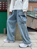 Riolio  Baggy Jeans Men's Oversize Streetwear Fashion Wide Leg Cargo Pants Hip Hop Harajuku Multi-Pocket Denim Trousers Black Blue