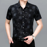 Riolio  Men's Summer Ice Silk Short Sleeved Shirt Maple Leaf Print Business Casual Trend