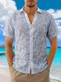 Riolio Summer Vacation Casual Men Shirts Fashion Short Sleeve Buttoned Lapel Breathable Tops Stylish Florals Embroidery Mesh Shirt Mens