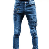 Riolio  Men's Retro Moto Biker Straight Elastic Jeans Zipper Distress Hole Punk Skinny Denim Cargo Pants Streetwear Y2K Hombre Trousers