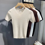 Riolio Men 2024 Summer New V Neck Knitted T-Shirts Men Clothing Slim Fit Casual Tops Male Short Sleeve Tee Shirt  Streetwear