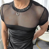 Riolio  Men T-Shirt Mesh Stitching Hollow Perspective T-Shirt Nightclub Sexy Thin Trendy Niche Short-Sleeved Top Men'S Clothing New