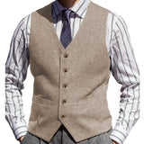 Riolio  Men Vest Brown Herringbone Solid Color V Neck Waistcoat For Wedding Business Banquet Work Formal Daily Casual Men Suit Vest