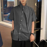 Riolio 2024 Men Striped Shirt Stand Collar Short Sleeve Summer Streetwear Men Clothing Pleated Fashion Casual Male Shirts S-5XL