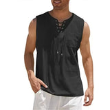 Riolio  Cotton Linen Shirts For Men Casual Solid Color Vest Lace Up Sleeveless Shirts V-Neck Tank Tops Baggy Shirt Male Lightweight Tees