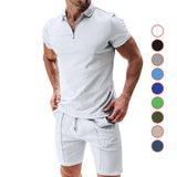 Riolio New Men's Suit Summer Casual Sportswear Waffle Solid Color Loose Lapels T-shirt and Shorts Two-Piece Set Free Shipping