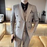 Riolio  New Men's Double-Breasted Three-Piece Suit Elegant Business Style Casual Fashion Urban Spring Season Slim Fit Metal Decoration