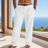 Riolio  Solid Color Pleated Linen Suit Pants For Men Elastic High Waist Straight Wide Leg Trousers Summer Office Casual Beach trousers