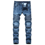 Riolio  New Men's Patchwork Vintage Biker Jeans Hip Hop Slim Straight Elastic Cycling Denim Pants Male Fashion Streetwear Trouser