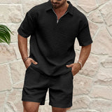 Riolio  European and American Men's Spring and Summer Trends Youth Outdoor Lapel Small Plaid Short Sleeve Shorts Sports Suit