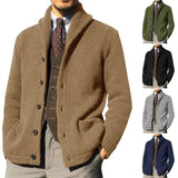 Riolio Men Knitted Coat Lapel Long Sleeve Pockets Thickened Cardigan Sweater Men Autumn Solid Buttons Placket Knitted Coat for Work