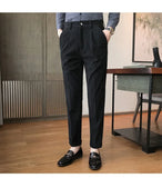 Riolio British Style Men High Waist Casual Dress Pant Men Belt Design Slim Trousers Formal Office Social Wedding Party Dress Suit Pants