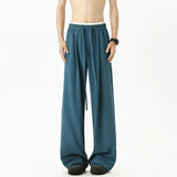 Riolio  Summer Men's Teal Wide-Leg Pants Contrast Waist Drawstring Casual Trousers