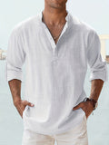 Riolio Men'S Casual Linen Roll Up Long Sleeve Shirt Cotton Shirts Henley T-Shirt Collar Vacation Tops