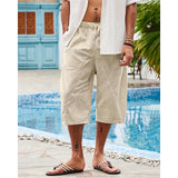 Riolio Men's Linen Shorts Summer Shorts Beach Shorts Pocket Drawstring Elastic Waist Plain Comfort Breathable Calf-Length Holiday Vacation Beach Hawaiian Boho Dark Khaki Black