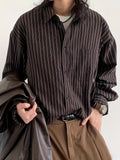Riolio Vintage Lapel Collar Polyester Long Sleeve Striped Shirt, Single Breasted Placket, Regular Fit, Weekend Casual, for Men and Women