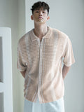 Riolio New Striped Color-Blocked Shirt for Spring And Summer, Men'S Casual Knitted Short-Sleeve Shirt, Simple And Stylish Breathable Beach Shirt.
