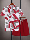 Riolio Men's Geometric Pattern Print Collar Short Sleeve Shirt and Solid Color Shorts Casual Two-Piece Set